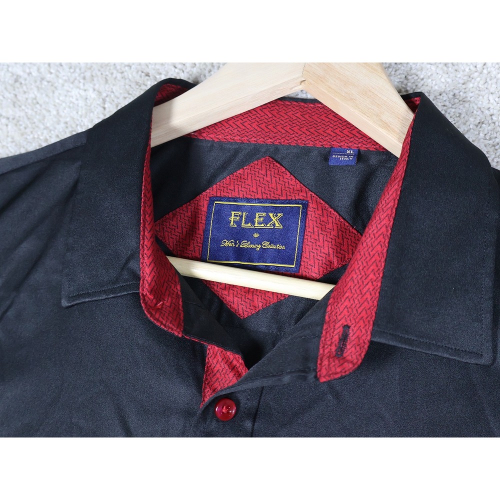FLEX Men's Luxury Black Short‎ Sleeve Button Up Shirt XL Retro Satin Cocktail